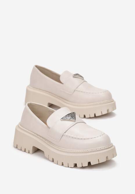 Beżowe Mokasyny na Grubej Podeszwie z Metalową Ozdobą w Cyrkonie Venifa