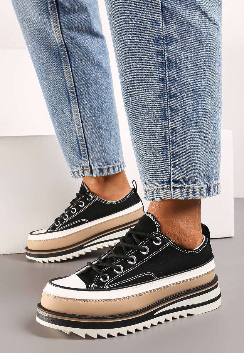 Czarne Trampki na Ozdobnej Platformie ze Sznurowaniem Moonoria