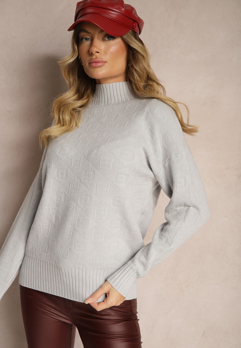 Jasnoszary Golf Sweter z Tłoczeniem i Ściągaczami Melovira