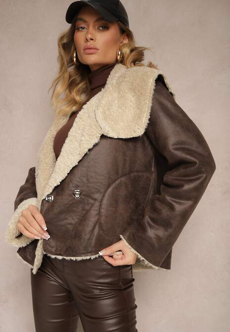 Brązowa Pudełkowa Kurtka Biker z Szerokim Kołnierzem i Futrzaną Wyściółką Lioiala