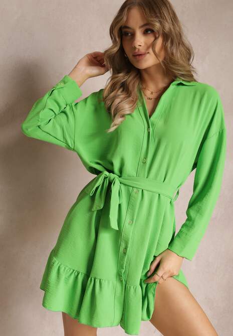 Zielona Sukienka Koszulowa z Falbanką i Wiązanym Paskiem Neitra