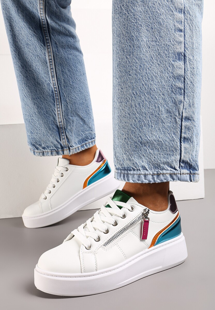 Biało-Niebieskie Sneakersy z Ozdobnym Suwakiem i Platformą Iolanna