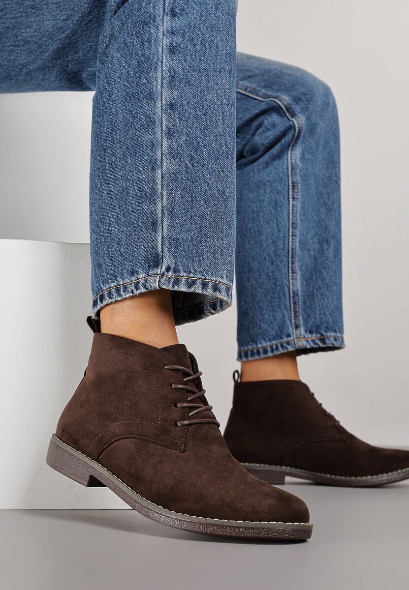 Ciemnobrązowe Botki Vices o Klasycznym Fasonie Trzewików z Imitacji Zamszu Ativitta