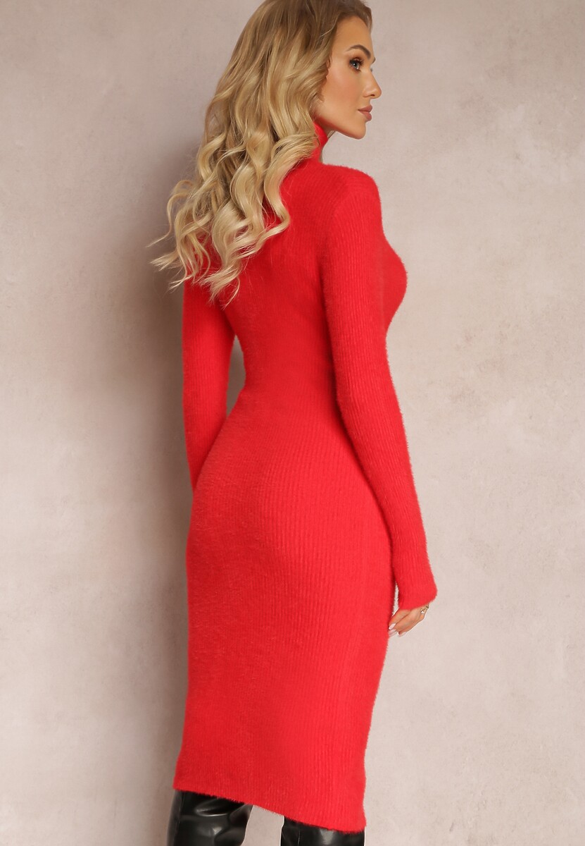 Czerwona Futerkowa Sukienka Midi z Wełny w Stylu Sweterkowym z Golfem Kahinu