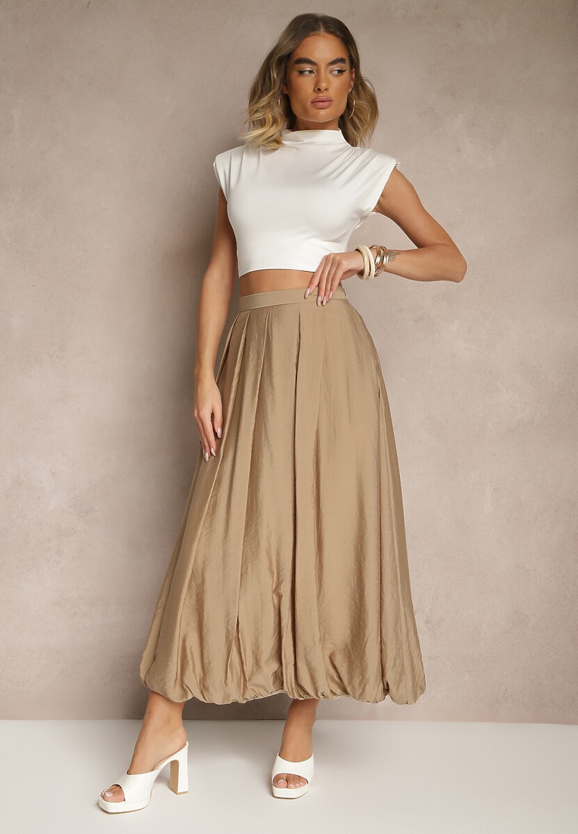 Jasnobeżowa Spódnica Bombka z Wiskozą o Rozkloszowanym Kroju z Zakładkami Redasira