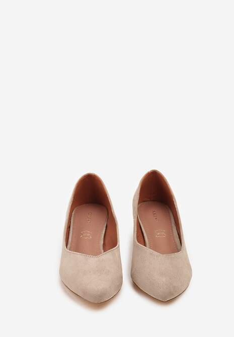 Ciemnobeżowe Czółenka Vices na Słupku z Wkładką ze Skóry Naturalnej z Metaliczną Ozdobą Mixin