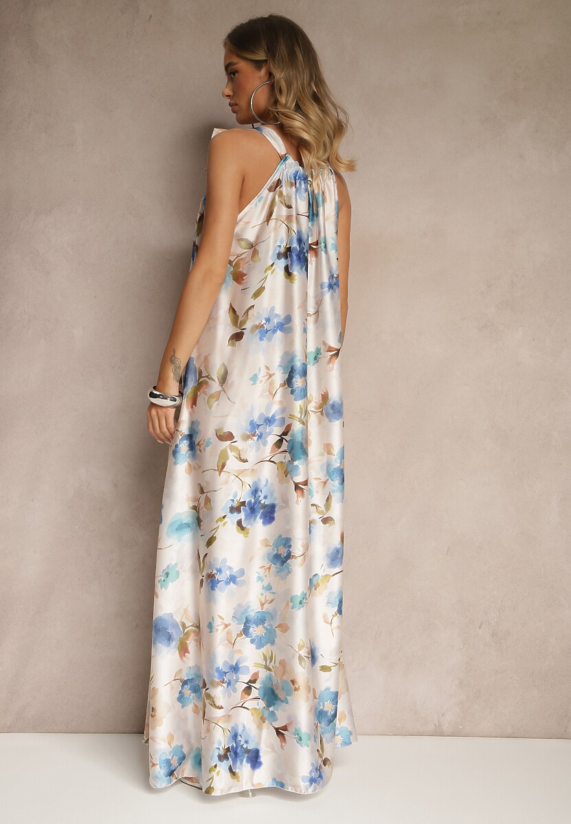 Jasnoniebieska Sukienka z Satyny w Kwiatowy Wzór Fenimea