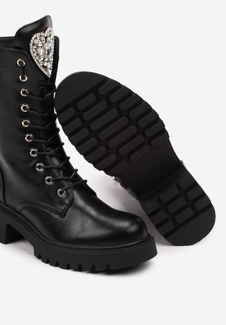 Czarne Botki Workery z Serduszkiem z Błyszczących Cyrkonii Fessalia