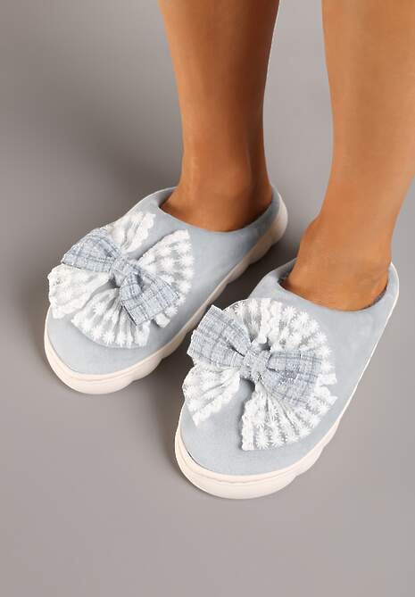 Szare Kapcie Vices na Grubej Podeszwie z Ozdobną Kokardą Tinnella