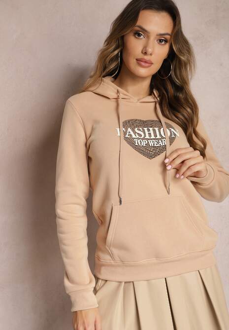 Beżowa Bluza Kangurka Ocieplona Polarem z Ozdobnym Nadrukiem Elili