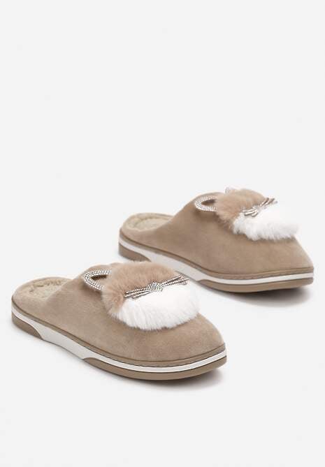 Ciemnobeżowe Kapcie Futrzane z Kotkiem Leze