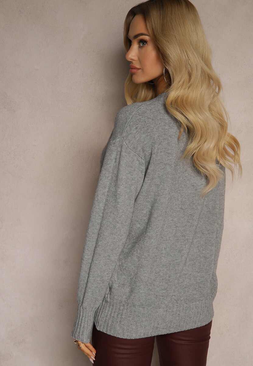 Szary Casualowy Sweter z Wiskozą i Modalem ze Ściągaczami Riviti