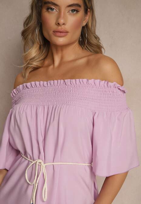 Fioletowa Sukienka Hiszpanka z Bawełną i Wiskozą Ozdobiona Sznurkiem Lilarelle