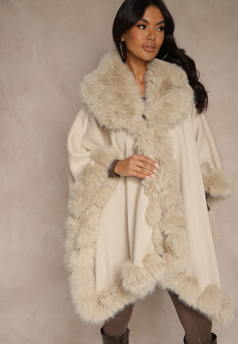 Beżowe Ponczo z Wełną i Wiskozą Obszyte Futerkiem Tevissa