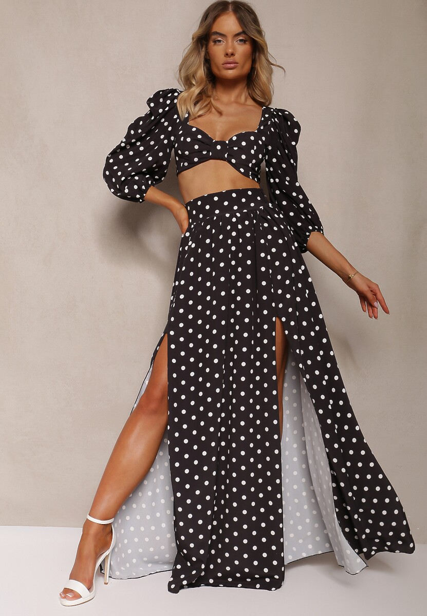 Czarny 2-Częściowy Komplet w Kropki Krótki Top z Dekoltem Spódnica z Gumką w Talii Wandrea