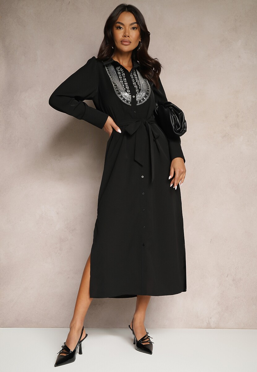 Czarna Koszulowa Sukienka Ozdobiona Koralikami Cekinami i Paskiem Tidanis