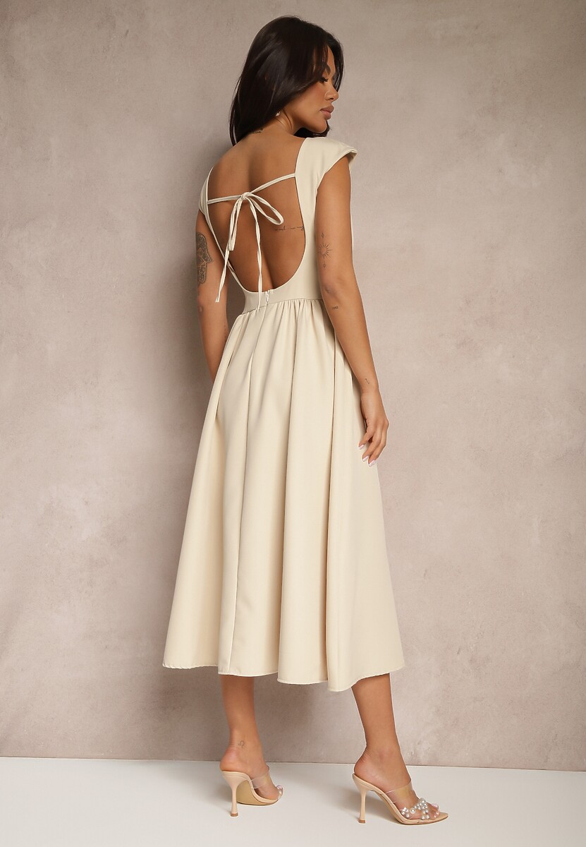 Beżowa Rozkloszowana Sukienka z Wiązaniem i Dekoltem w Kształcie Łódki Alanira