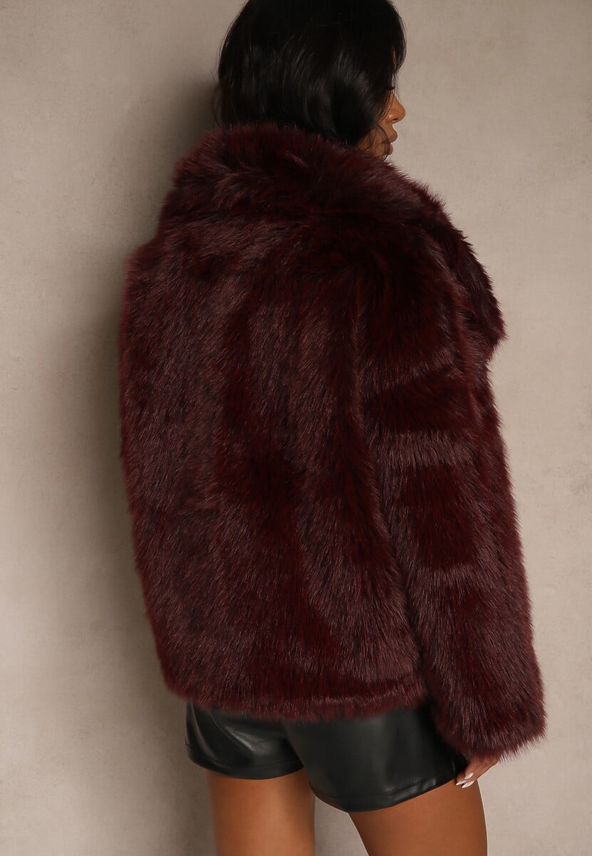 Bordowa Kurtka Futro z Długim Włosiem Zelita