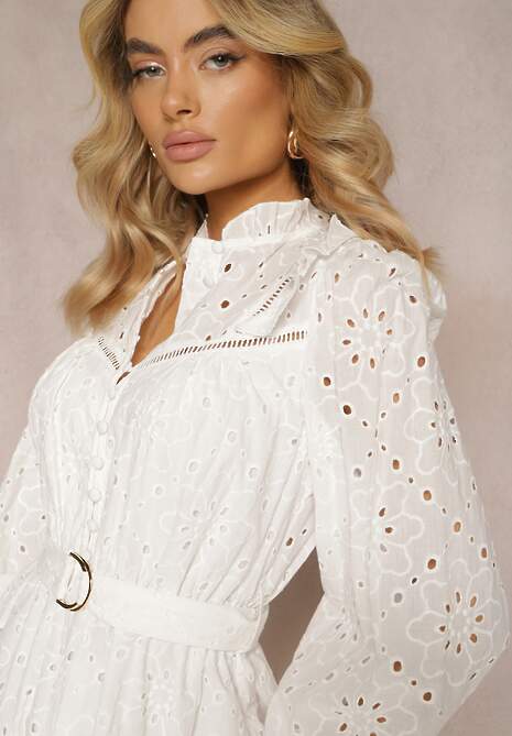 Biała Bawełniana Sukienka o Rozkloszowanym Fasonie z Ozdobnym Haftowaniem Bealiosa