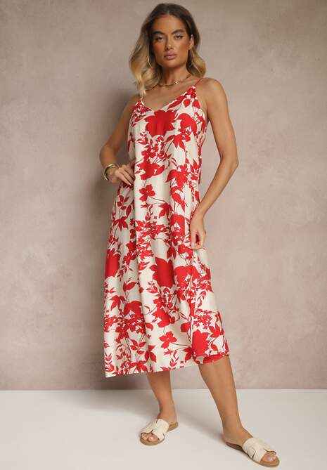 Czerwona Sukienka z Wiskozą o Rozkloszowanym Kroju w Kwiaty Thirimi