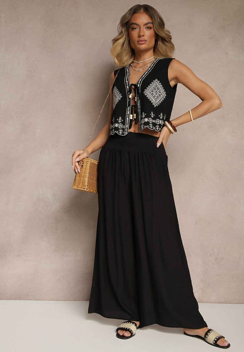 Czarne Spodnie z Wiskozą o Szerokim Kroju High Waist Orrana