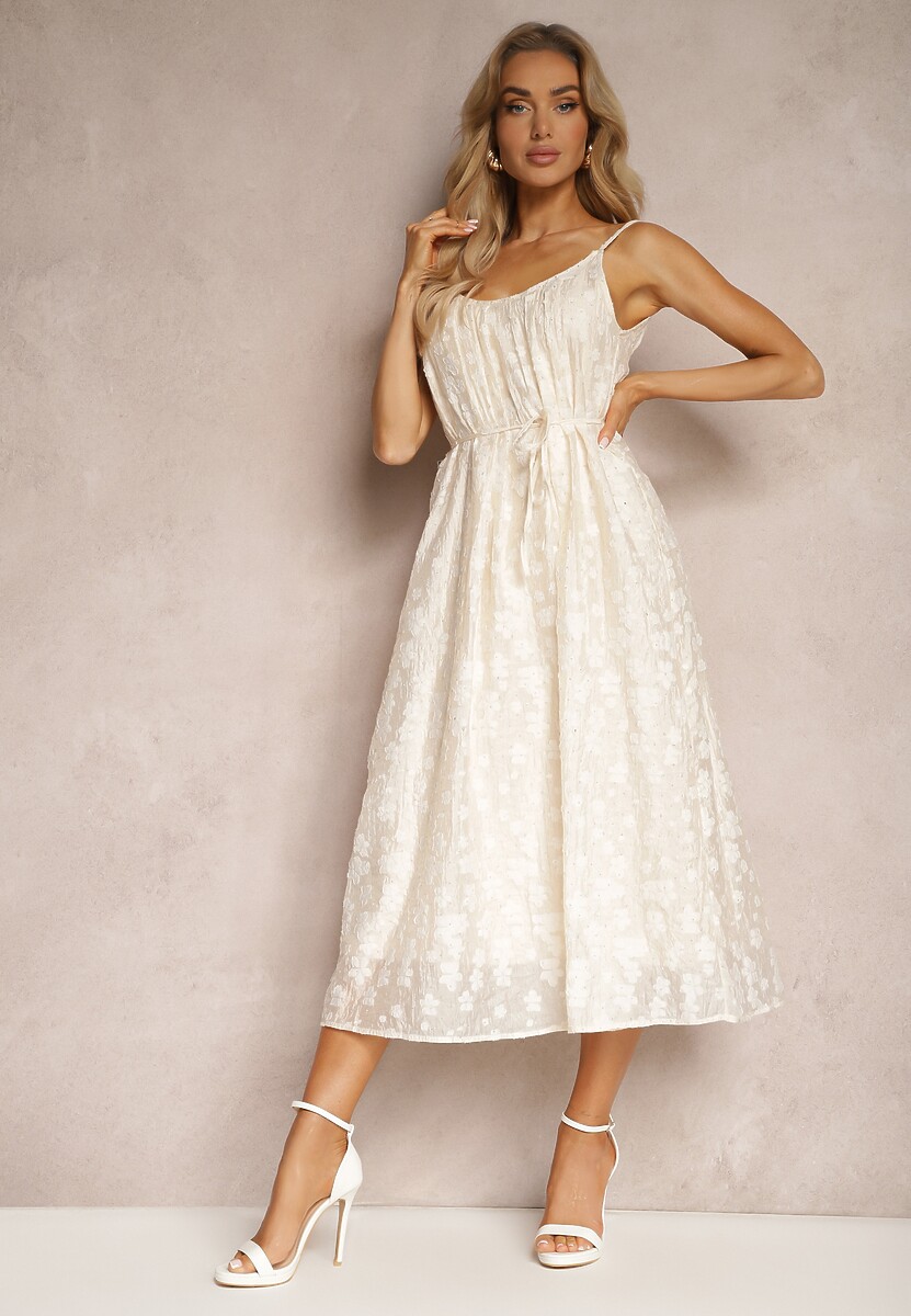 Beżowa Rozkloszowana Sukienka na Ramiączkach z Materiałowym Paskiem Zdobiona Cyrkoniami Torolia