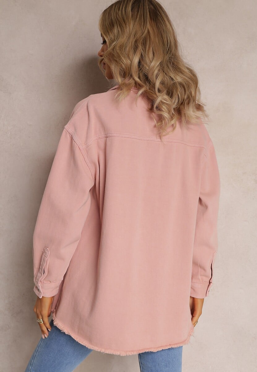 Różowa Bawełniana Jeansowa Kurtka Oversize z Kieszeniami i Metalowymi Guzikami Malvo