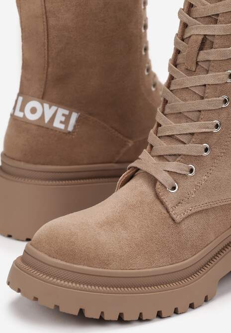 Ciemnobeżowe Sznurowane Botki na Płaskiej Podeszwie do Połowy Łydki z Imitacji Zamszu Sumeir