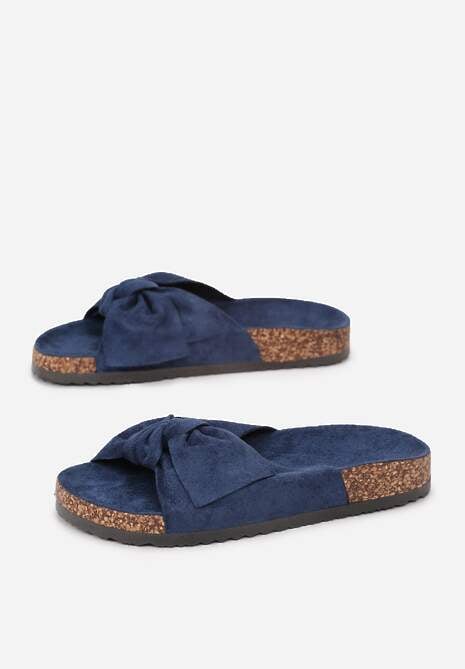 Granatowe Klapki na Korkowej Podeszwie Zdobione Kokardką Abiding