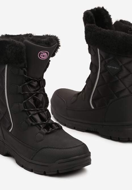 Czarne Śniegowce z Pikowanym Przeszyciem i Futerkiem na Grubej Podeszwie Amartina