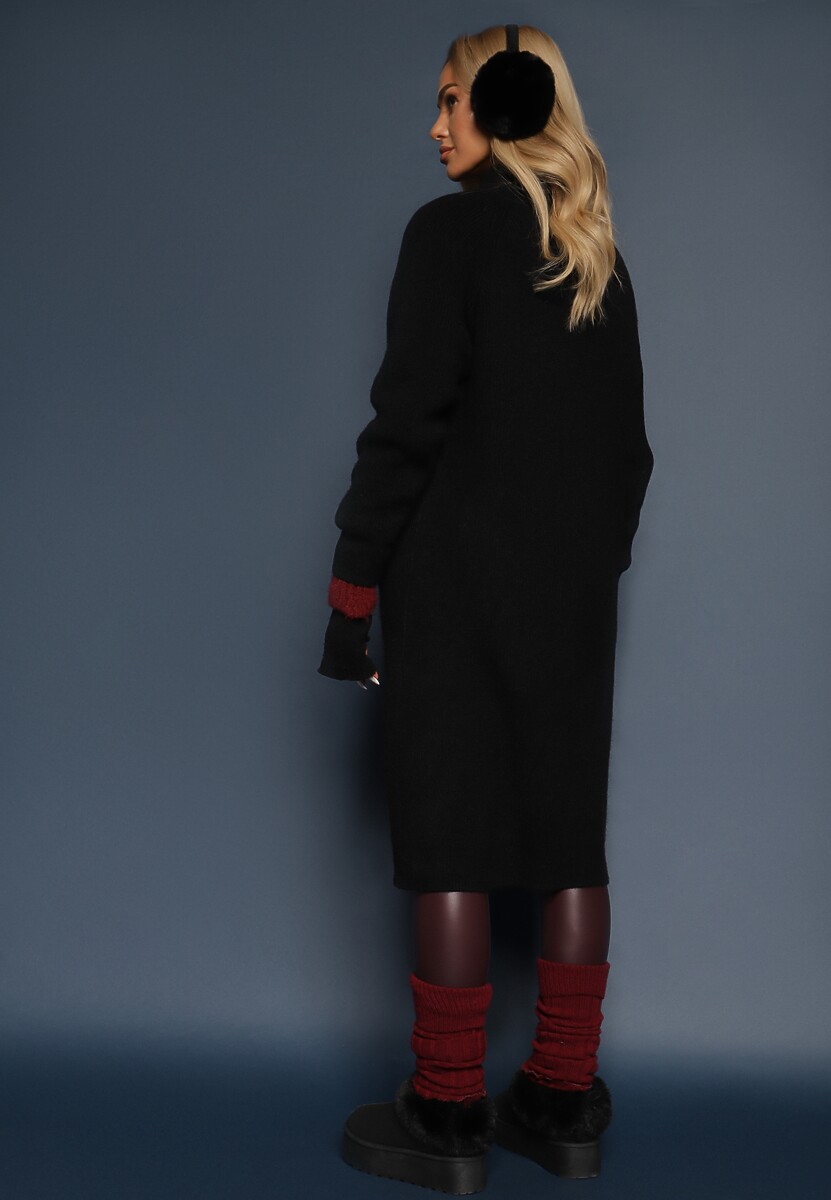 Czarny Długi Kardigan o Prostym Kroju ze Stójką z Domieszką Wełny i Zapięciem na Suwak Bonitana