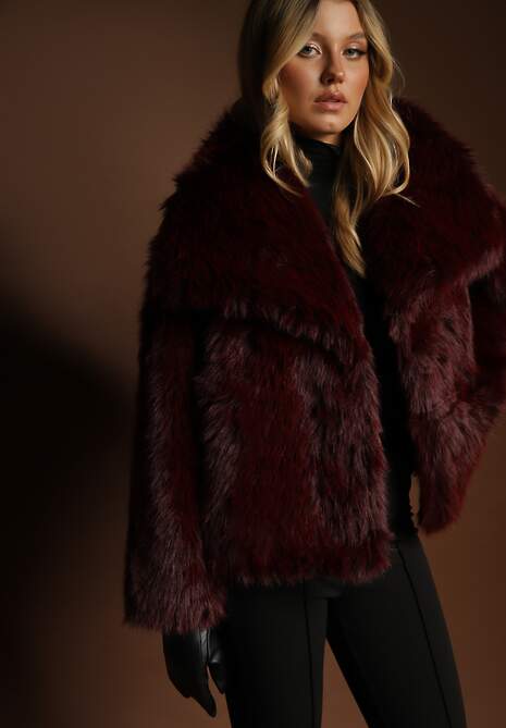 Bordowa Kurtka Futro z Długim Włosiem Zelita