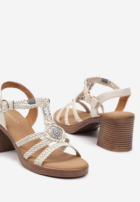 Beżowe Sandały na Obcasie Ozdobione Plecionką i Kryształkami Kylamoon