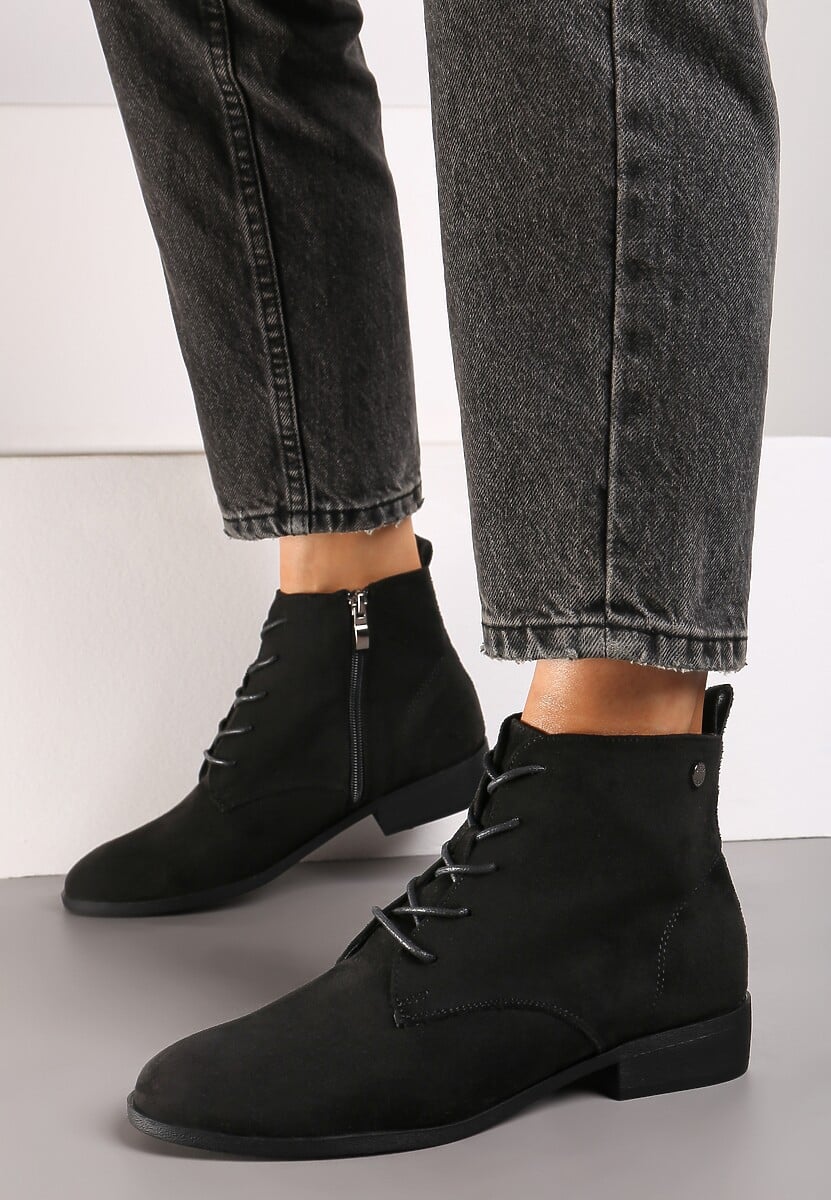Czarne Wiązane Botki na Płaskiej Podeszwie Erithara