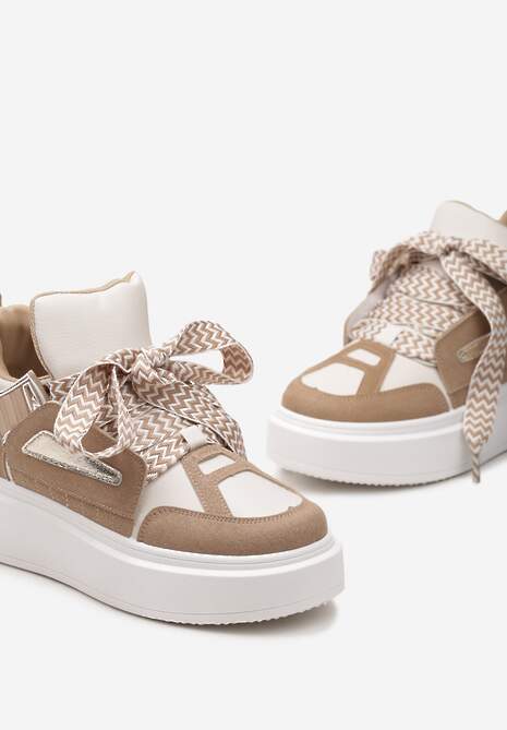 Beżowe Sneakersy Na Niskiej Platformie z Szerokimi Sznurówkami we Wzorek Vidira