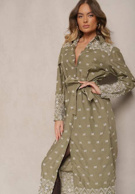 Zielona Koszulowa Sukienka Zdobiona Haftowanym Wzorem Wiązana w Pasie Tinnora