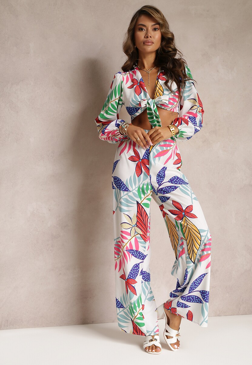 Biały 2-częściowy Komplet Bluzka z Ozdobnym Wiązaniem i Spodnie z Gumką w Pasie Francessa