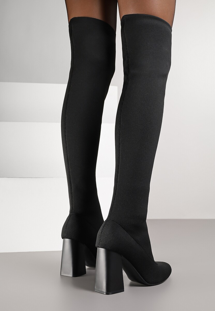 Czarne Kozaki Vices za Kolano na Słupku ze Skarpetkową Cholewką Neliannea