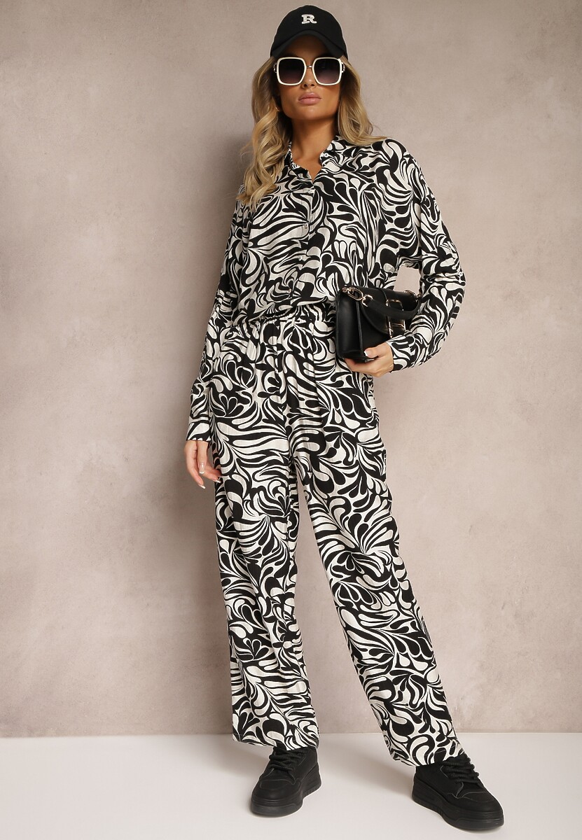 Czarny Komplet z Dodatkiem Wiskozy Spodnie z Gumką w Talii Koszula z Rękawami z Regulacją Iviria