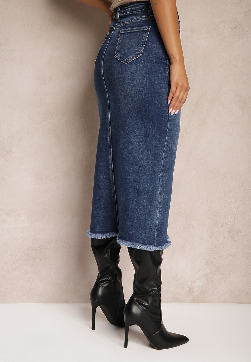 Granatowa Spódnica Jeansowa Midi z Wystrzępionym Rozcięciem Catreena