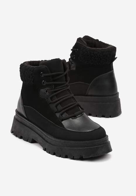 Czarne Traperki  Sznurowane Trapery Janne