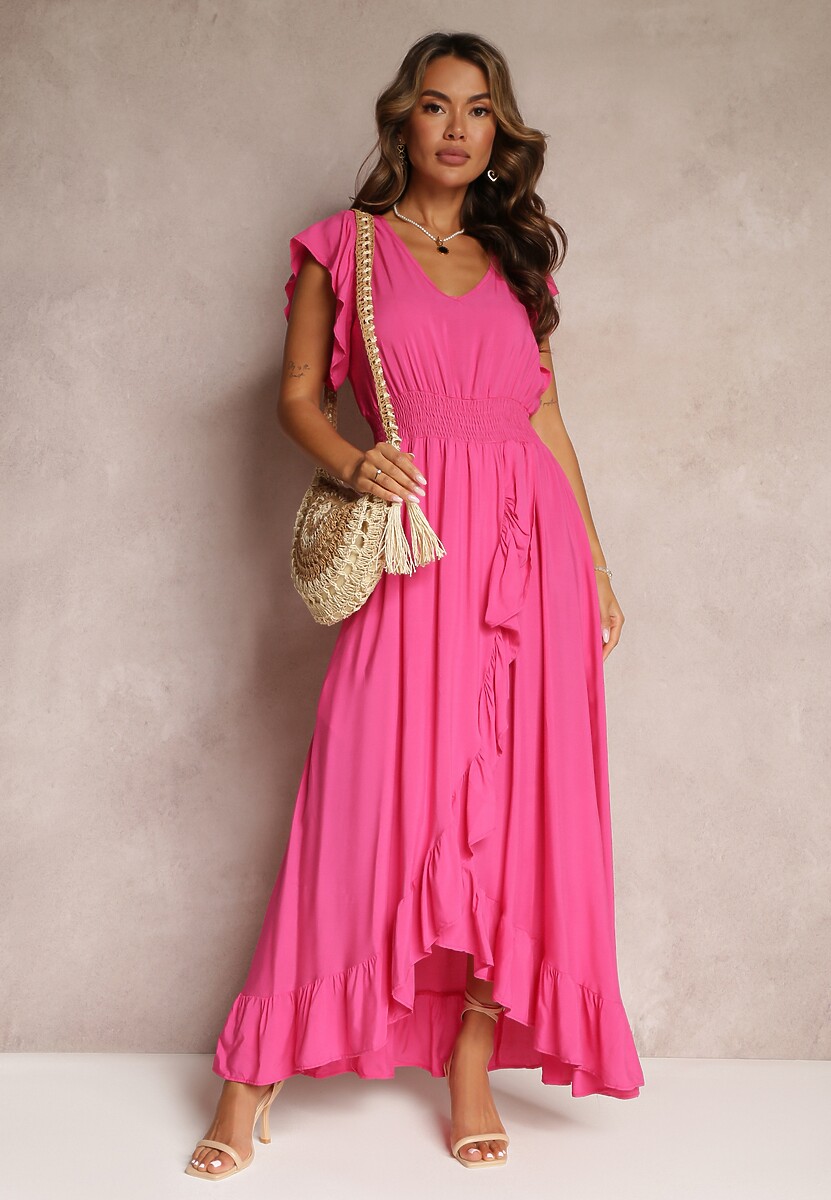 Zielona Kopertowa Sukienka z Wiskozy Ozdobiona Falbanką Carnovie