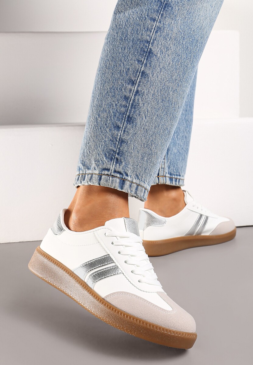 Biało-Srebrne Sznurowane Sneakersy Tenisówki z Kauczukową Podeszwą Gialessa