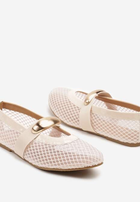 Beżowe Siateczkowe Balerinki z Metaliczną Ozdobą i Paskiem Irelisa