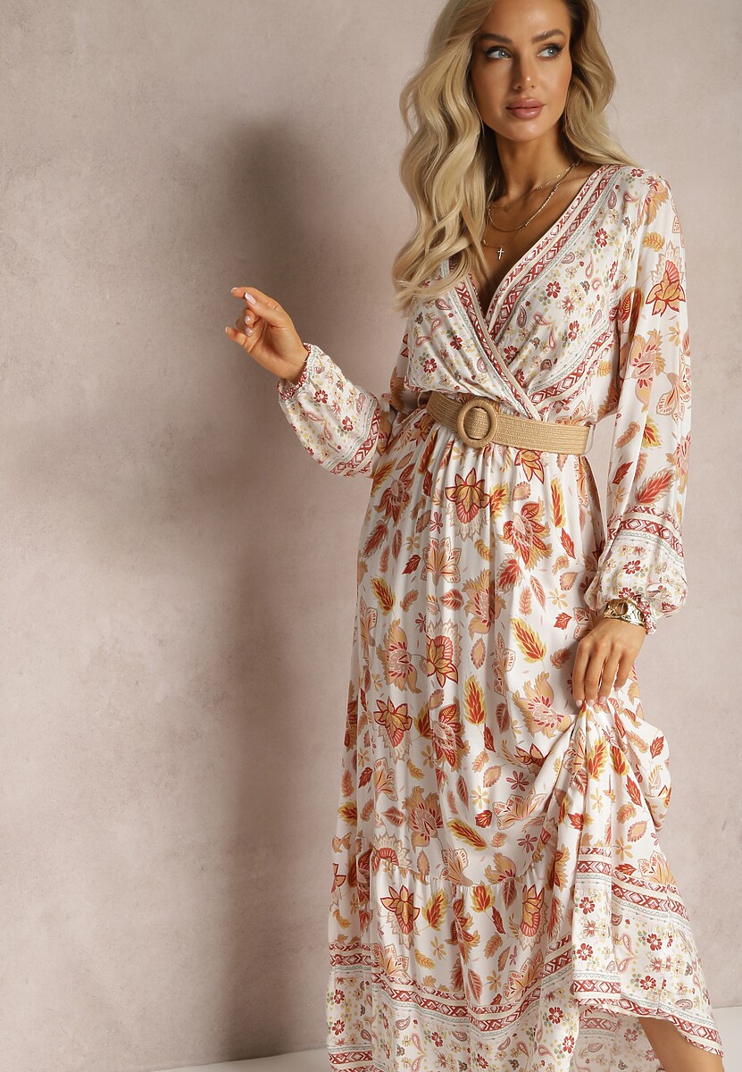 Niebiesko-Biała Sukienka Rozkloszowana z Paskiem Verintius