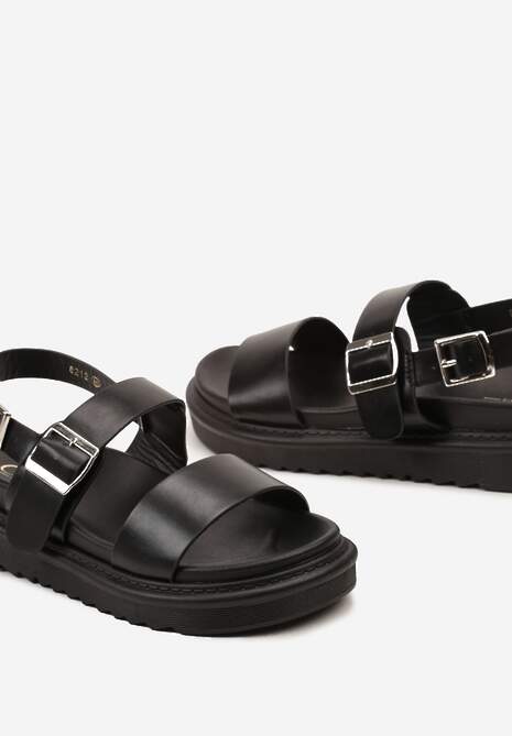 Czarne Płaskie Sandały z Ekoskóry Zapinane na Sprzączkę Ilolla