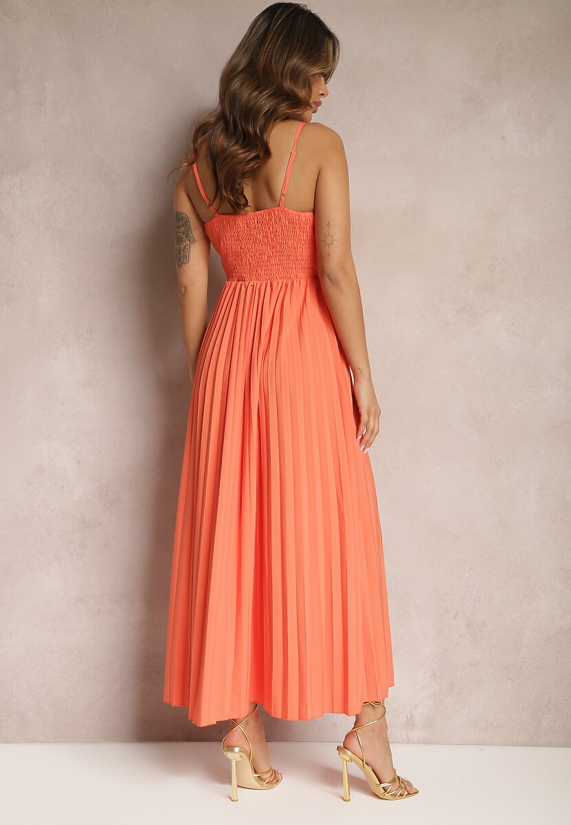 Pomarańczowa Długa Sukienka Kopertowa o Rozkloszowanym Kroju na Ramiączkach Kaemera