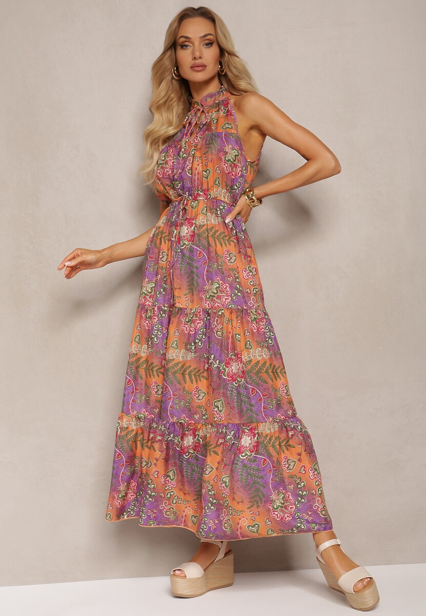 Pomarańczowo-Różowa Sukienka w Stylu Boho z Gumką w Talii i Ozdobnym Wiązaniem Piofara