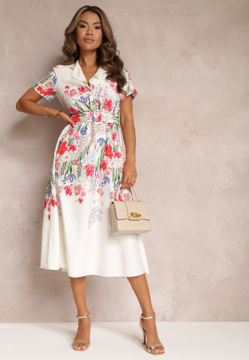 Beżowa Rozkloszowana Sukienka Koszulowa w Kwiaty z Paskiem Iosette