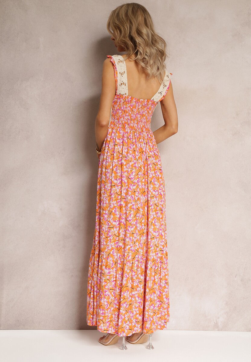 Pomarańczowa Rozkloszowana Sukienka na Ramiączkach z Haftowaną Górą Lichova
